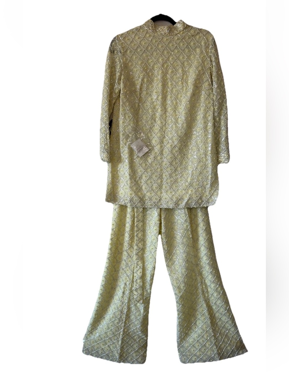 Vintage 70s Beaded Pearl Lace Pant Set Yellow Hong Kong Disco Glam 12 Deadstock